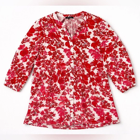 OLSEN Red Floral Blouse Peplum Button Front 3/4 Sleeve Lightweight Top Large - Picture 9 of 9